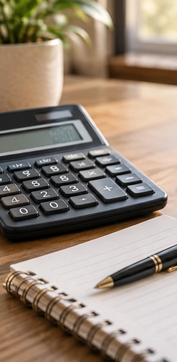 Calculadora y cuaderno para asesoría financiera
